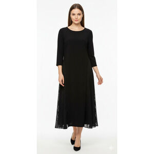 Ralph Lauren Black Long Dress Women Black Fit Flare Lace Insets 3/4 Sleeves 12 L